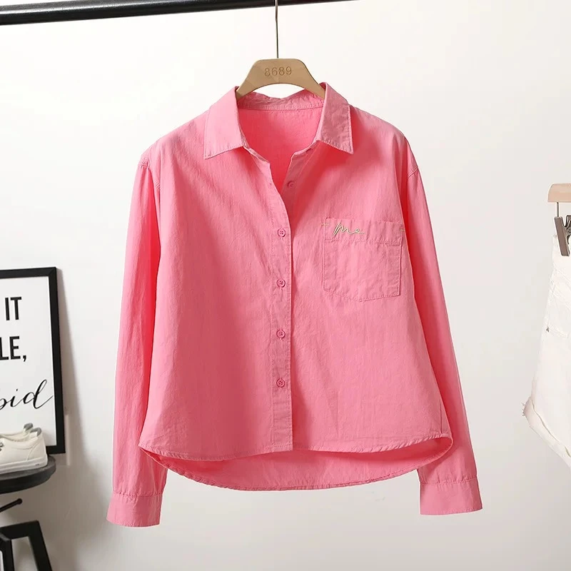 【纯棉有运险】刺绣小个子女装长袖衬衫女新款韩版短款时尚百搭上衣