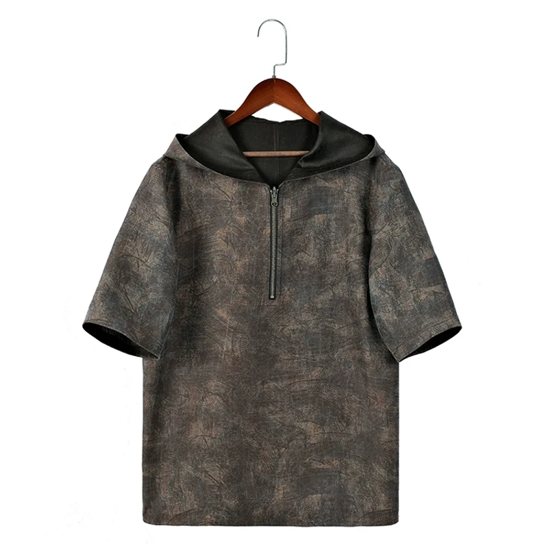88383 男士双面连帽套头衫 桑蚕丝龟裂纹香云纱夏季短袖