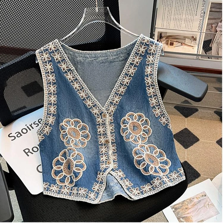 【品质欧货】民族风刺绣花朵牛仔马甲背心女夏季薄款宽松无袖外搭