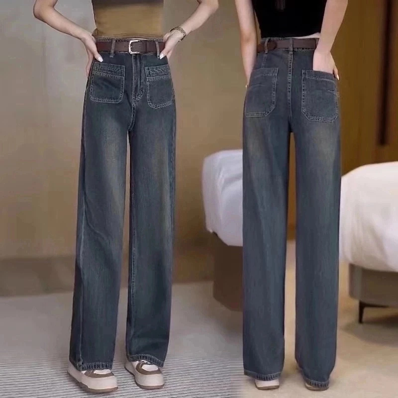 （加绒/单款）水泥灰宽松加绒高腰阔腿裤显瘦拖地裤阔腿牛仔百搭