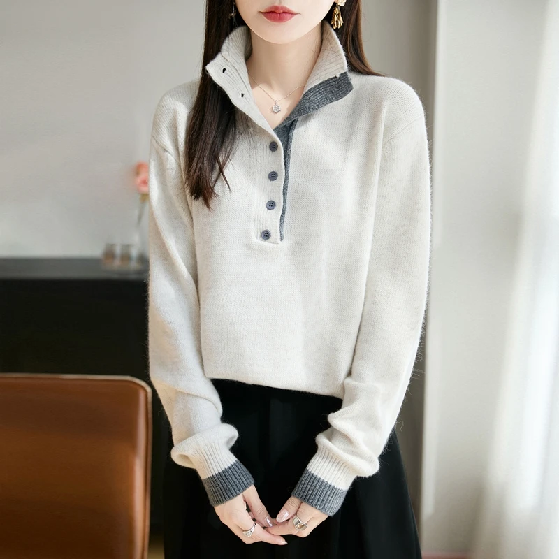 秋冬保暖洋气拼色半开领立领内搭毛衣加厚软糯宽松打底衫套头针织