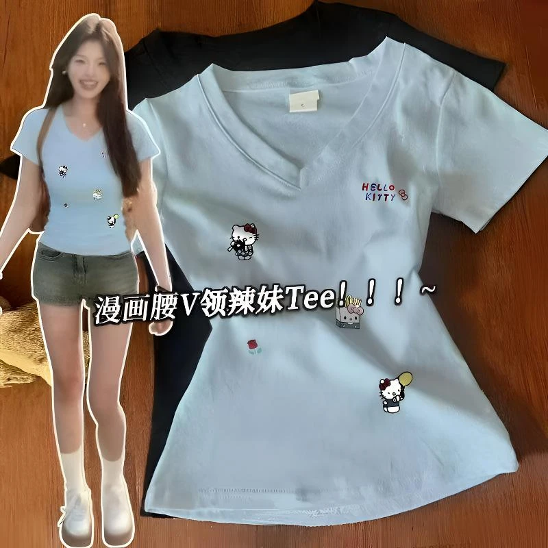 正肩潮流2025韩版短袖修身上衣T恤夏季v领印花收腰字母显瘦爆气质