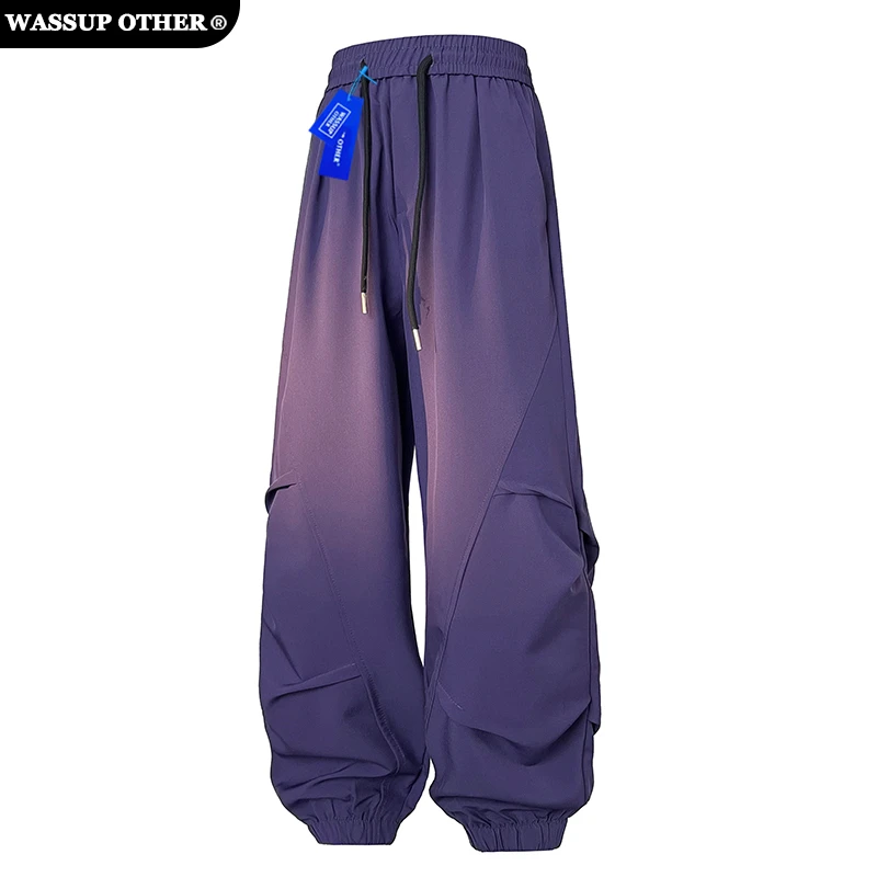 WASSUP OTHER冰丝冲锋工装裤男宽松长裤子运动休闲直筒紫色弯刀裤