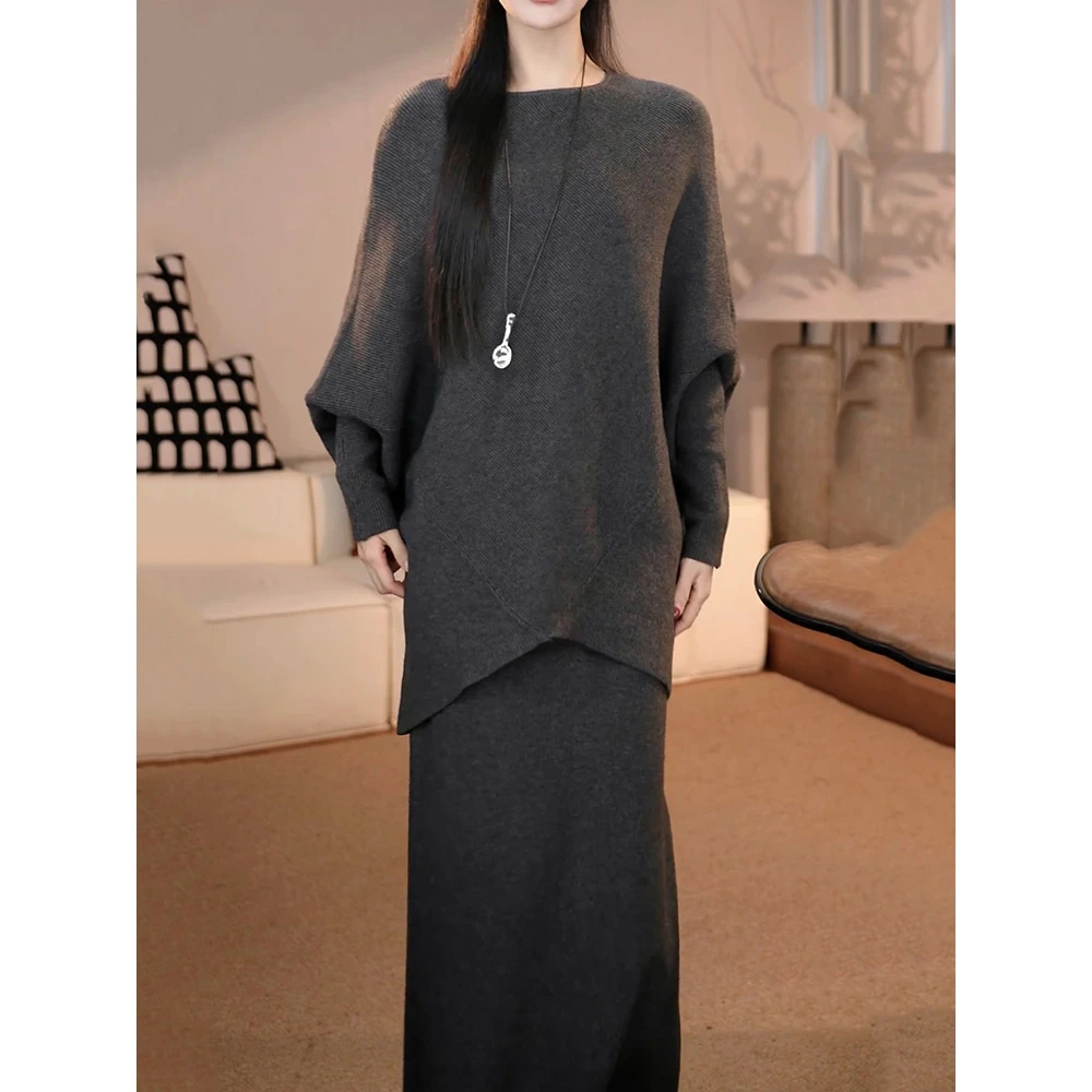 韩系慵懒减龄针织裙套装2025冬季新款宽松不规则休闲毛衣+半身裙