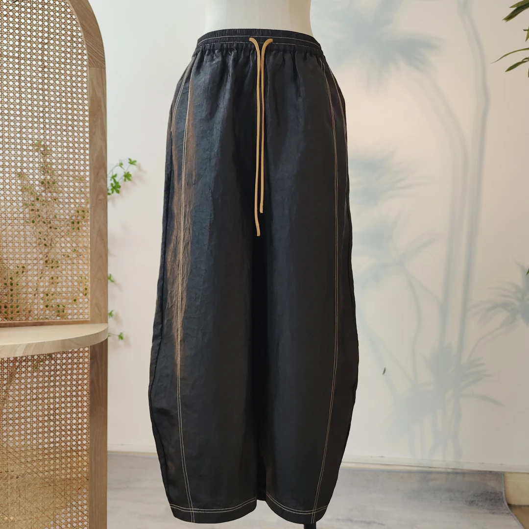 黑色龟纹明线镰刀裤香云纱龟裂纹松紧腰宽松个性休闲裤