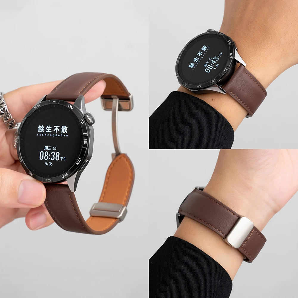 适用华为手表GT5/4/3表带watch5/4pro头层牛皮磁吸扣商务款真皮男