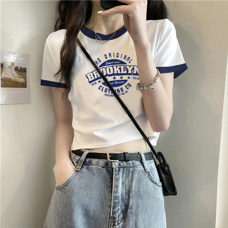 XVRV复古短袖t恤女夏季2025新款显瘦小众撞色设计感拼接上衣短款
