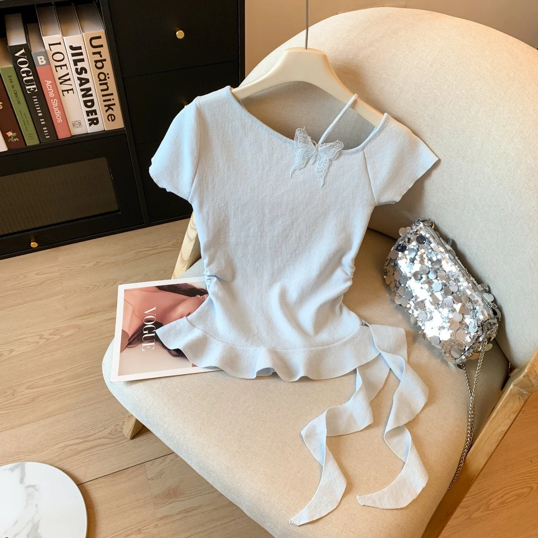 紫色蕾丝蝴蝶短袖T恤女夏季不规则木耳边飘带修身显瘦针织衫上衣