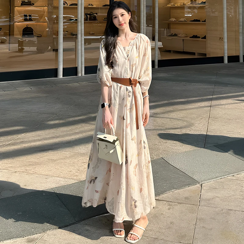官图 假日度假风半袖连衣裙女2025夏季显瘦时尚百搭裙子a字长裙子