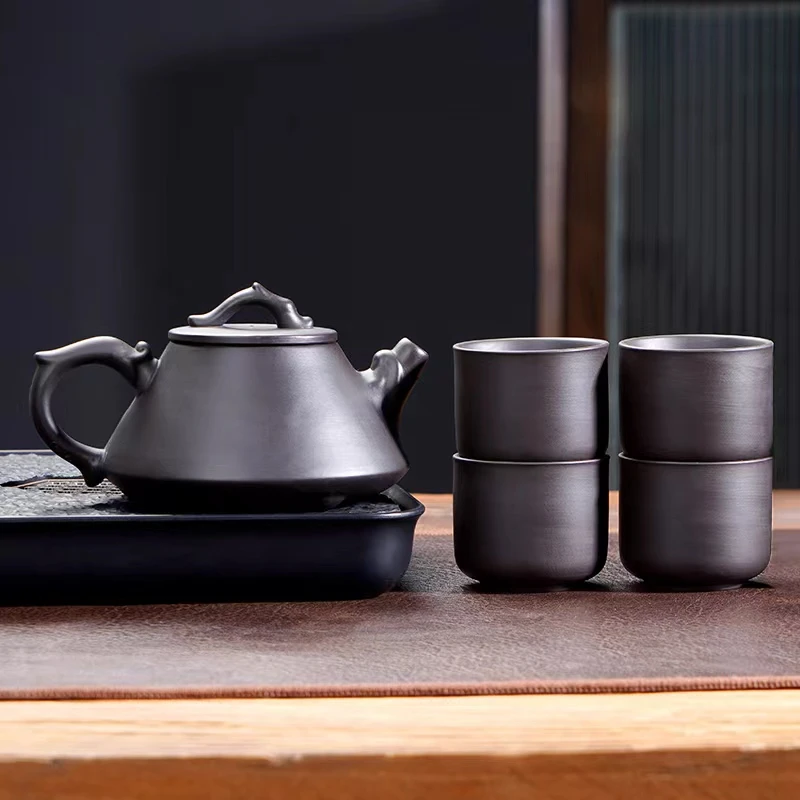 【朱】紫砂凤鸣龙把石瓢一壶四杯