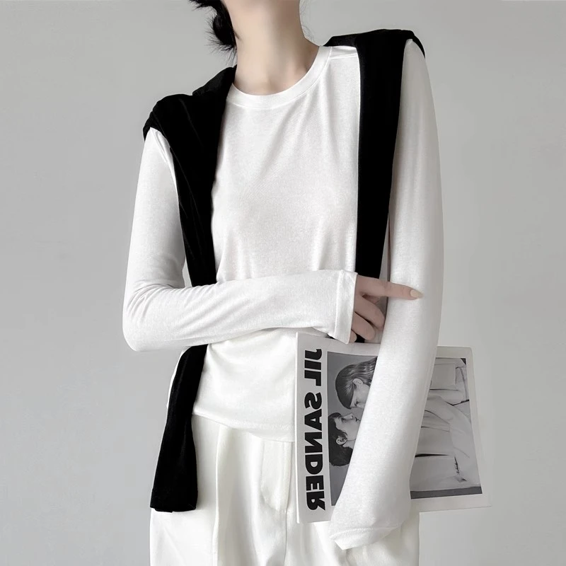 莱赛尔天丝斜肩圆领长袖t恤女醋酸垂坠感修身内搭外穿打底衫上衣