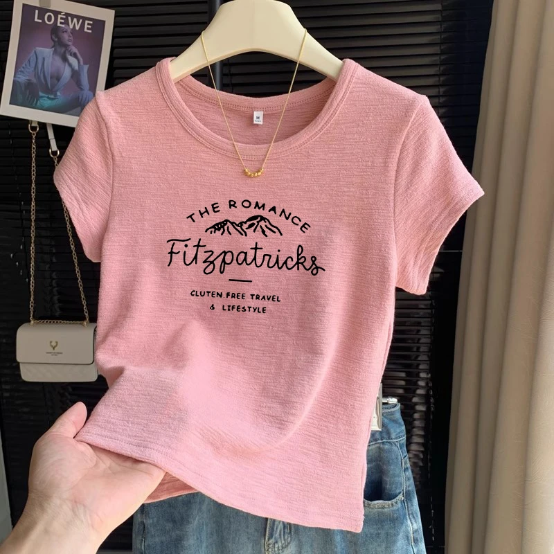 韩系正肩肌理感短袖女粉色夏显瘦圆领百搭上衣t恤多巴胺粉色棉纱