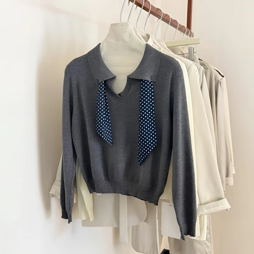 现货2025秋季新款设计感小众翻领丝巾针织衫女宽松显瘦上衣