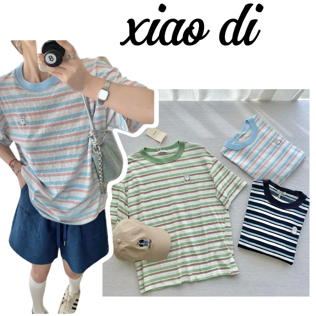 【清晰条纹】韩国单！夏款刺绣条纹清新短袖拼接圆领宽松T恤-S8200