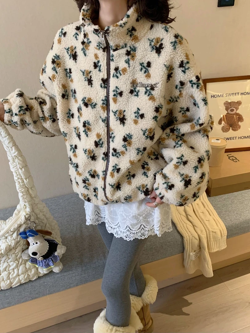 小雅姐姐 韩版复古小碎花宽松慵懒加绒休闲外套II70