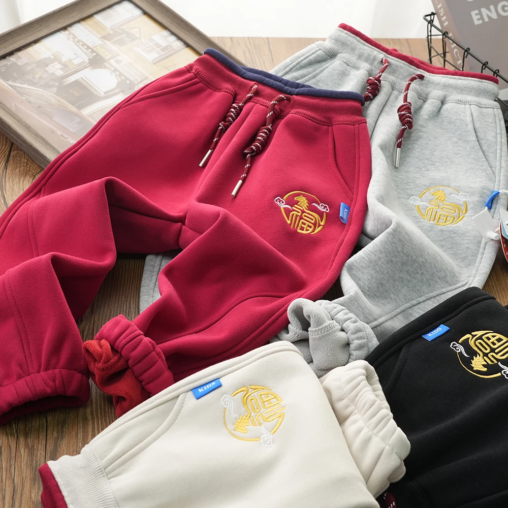 年款福马刺绣百搭加绒运动裤儿童中大童休闲束脚长裤967