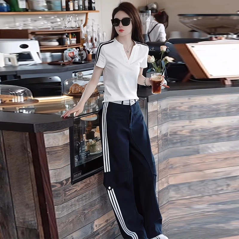 时尚套装女2025夏季新款洋气短袖T恤高腰工装阔腿裤休闲两件套潮