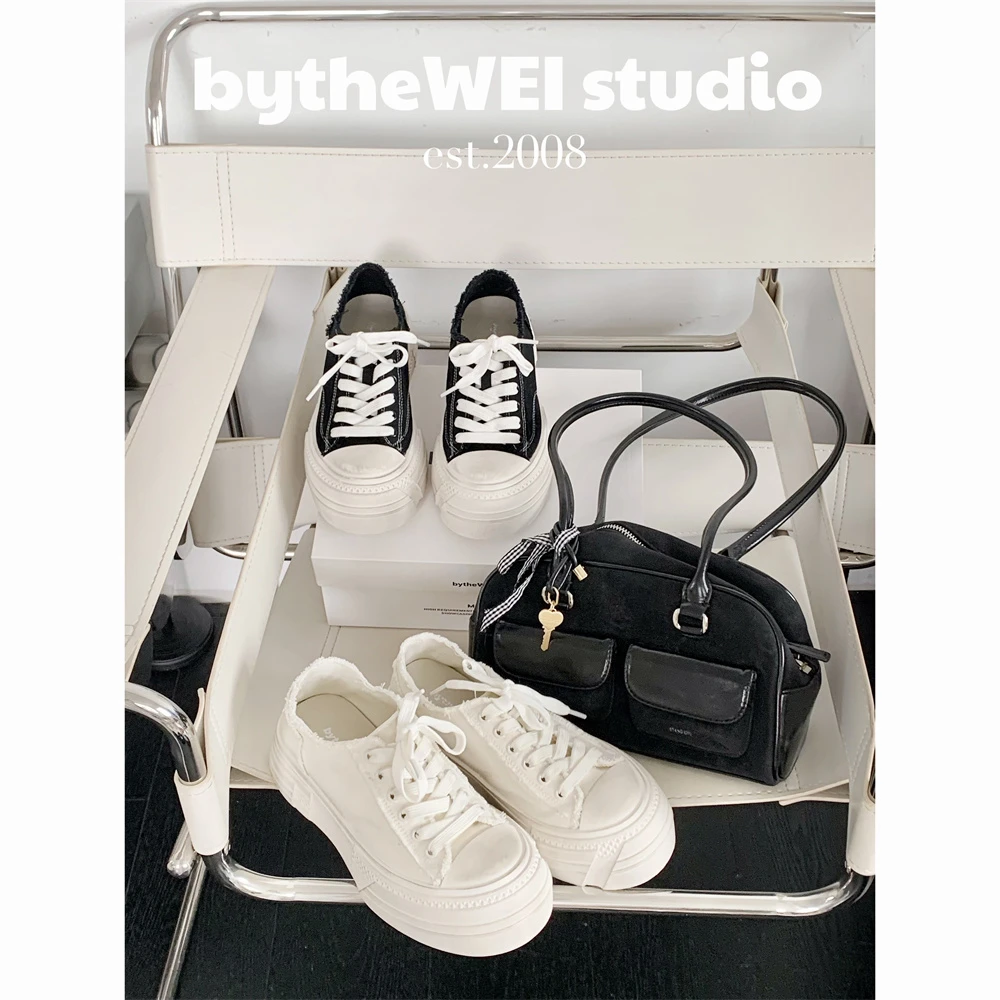 bytheWEI【欧货脏脏帆布鞋】厚底小白鞋手工做旧夏季休闲鞋板鞋女