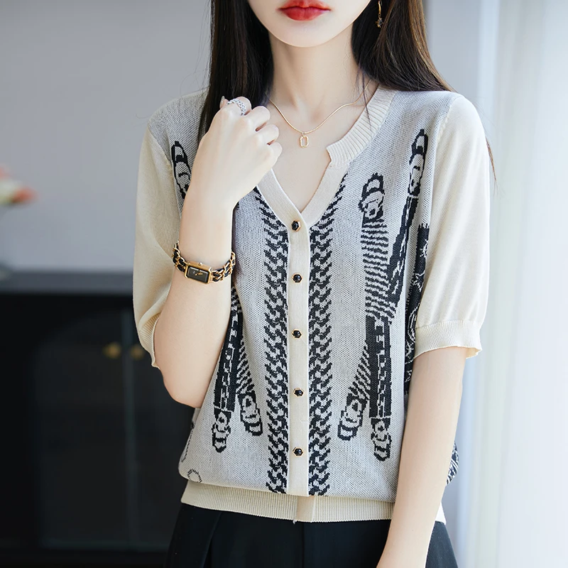 品牌正品洋气V领女士针织衫显瘦短袖T恤百搭宽松薄款设计感上衣