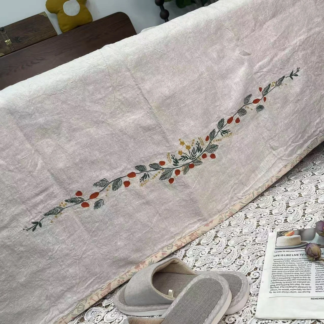 【C1-21雨露本白小松果】5支汉麻本白重工刺绣盖巾单人床单150*210