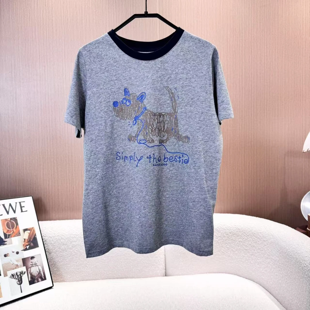 【毛线小狗】新款韩系涂鸦小狗拼色领短袖T恤上衣9110