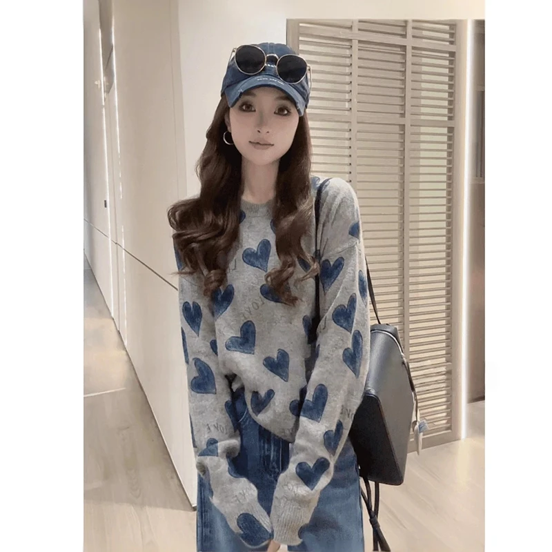 欧货慵懒风气质宽松氛围感长袖针织衫女设计减龄爱心百搭字母毛衣