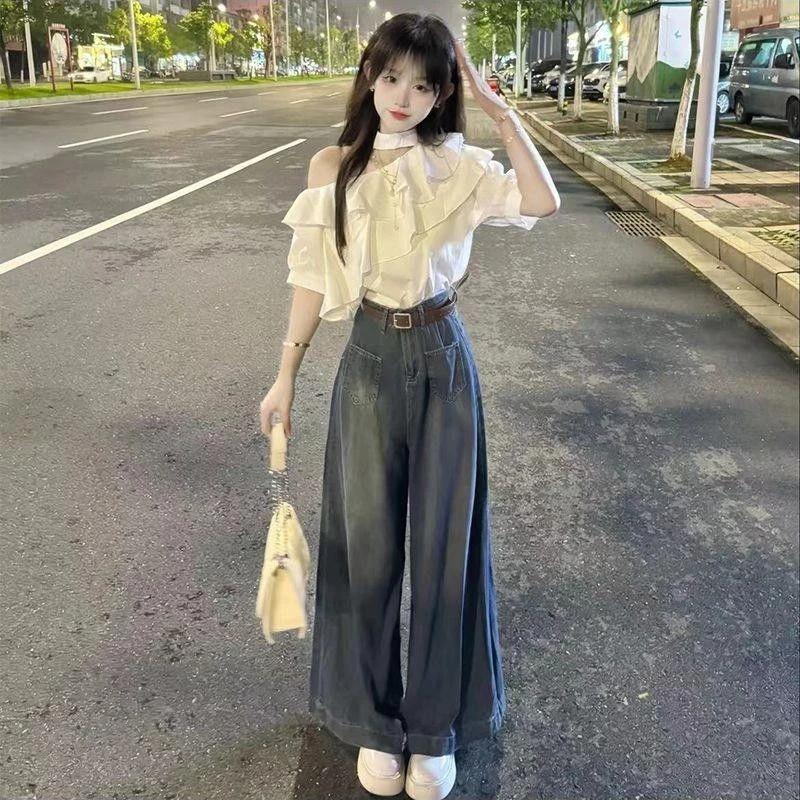 荷叶边法式挂脖白色衬衫女高级感夏季纯欲风性感斜肩洋气短袖上衣