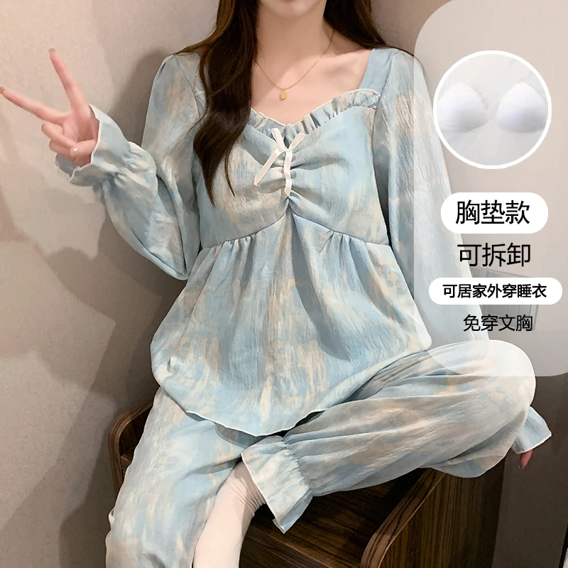 长袖睡衣女款春秋季薄款带胸垫公主风甜美女士家居服套装9311