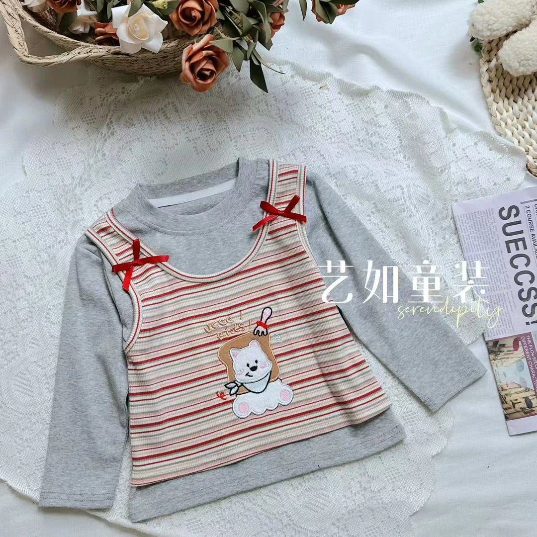 番茄家*【敲值体验】秋季上新女童卡通针织吊带假两件上衣D-H08