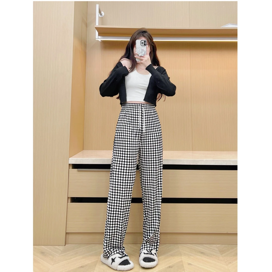 棋盘格直筒休闲裤 巨鹿工作室微胖mm常规款大码宽松垂感拖地长裤
