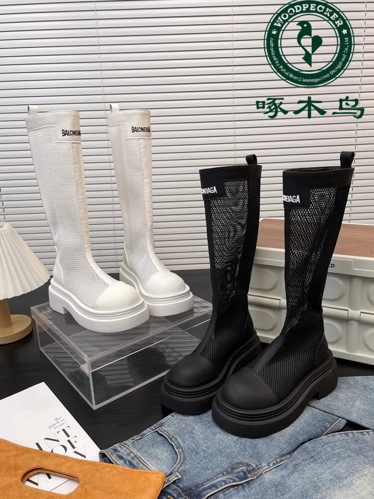 啄木鸟2025夏季软皮厚底小个子增高长筒靴镂空网靴女薄款靴子凉靴