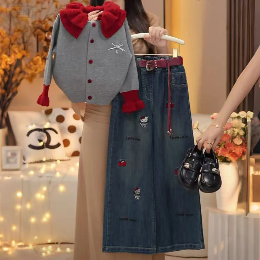 【米小逗】女童2025秋款女童套装洋气显白休闲针纹外套牛仔裤潮m169