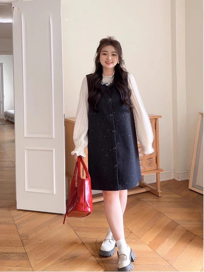 大码茶歇风背心无袖连衣裙时髦梨形身材套装女胖mm冬季一整套穿搭