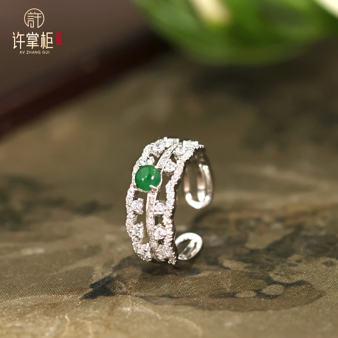 许掌柜｜S925银翡翠戒指天然翡翠A货蛋面可拆卸配饰手饰优雅精美