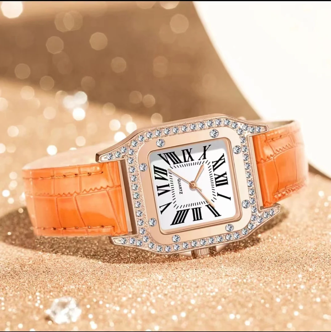 气质方形橙皮色百搭女士石英表