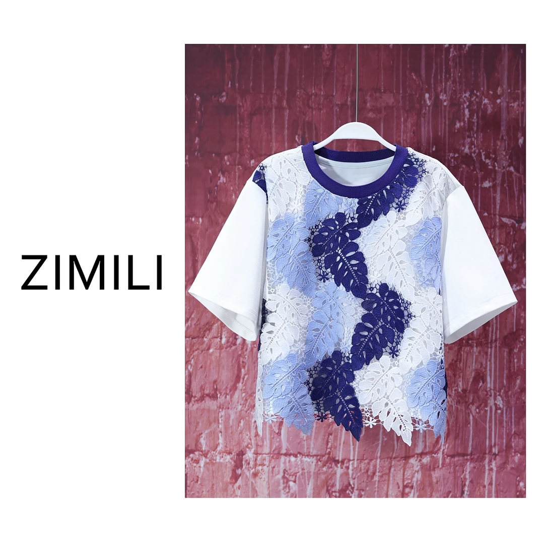 【亮哥女装】2025夏《如月》莱赛尔天丝月光白轻薄拼接蕾丝T恤6891