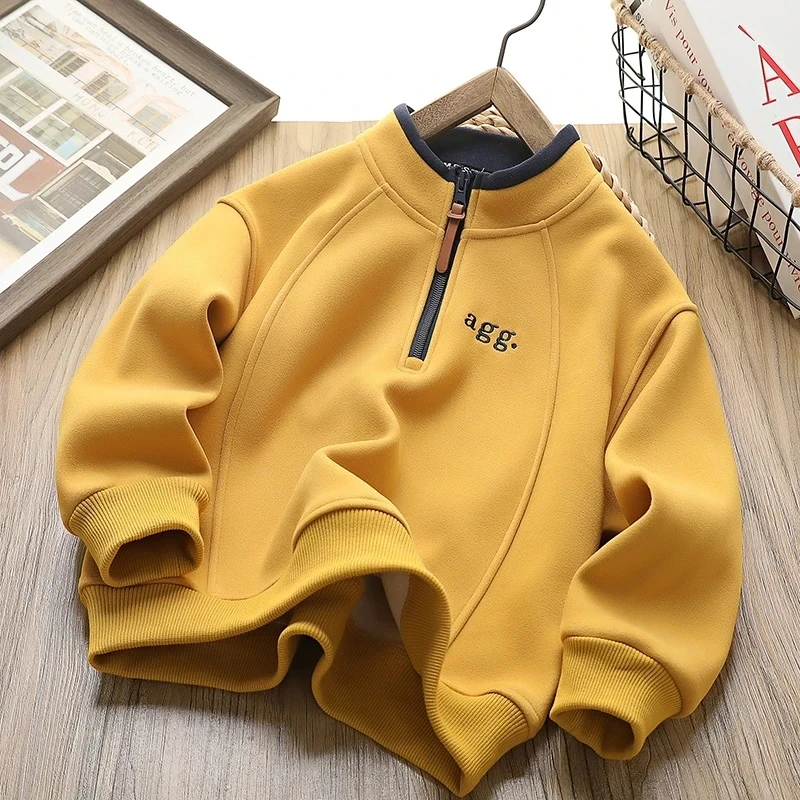 儿童秋冬新款加绒立领中大童卫衣半拉链一体绒打底衫男童洋气休闲
