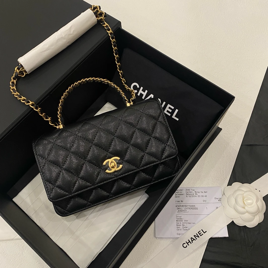 99新 Chanel/香奈儿 24A黑金荔枝牛手柄woc