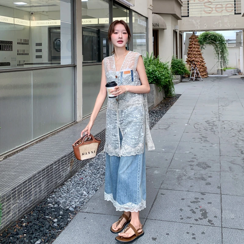 蕾丝罩衫牛仔阔腿裤套装女2025夏季新款盐系复古甜酷氛围感两件套