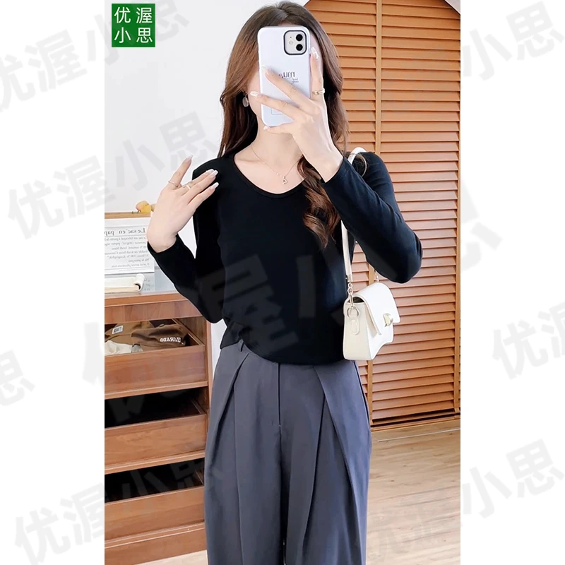 25年春秋薄款百搭V领打底衫女长袖T恤时尚内搭遮肉显瘦上衣洋气