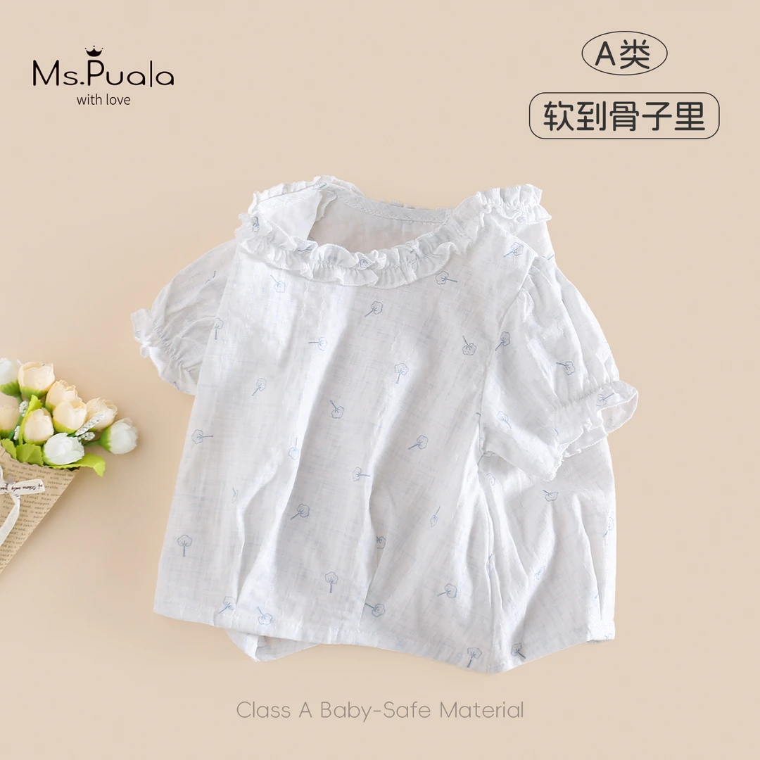 【MsPuala羽夏】婴幼儿小童夏季上衣女宝宝短袖衬衫T恤薄款花边领