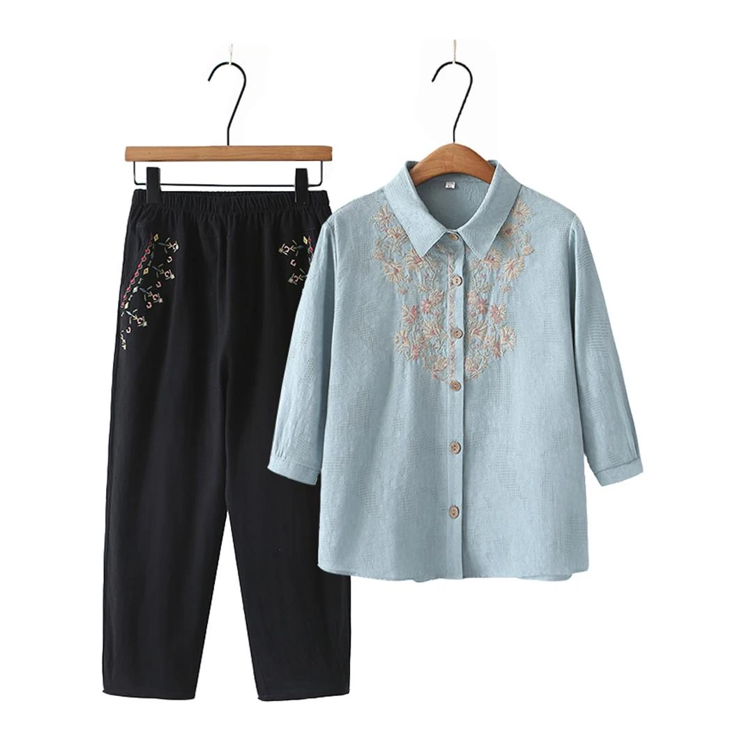 奶奶春夏纯棉套装女妈妈七分袖衬衫外套老人上衣服棉麻刺绣两件套