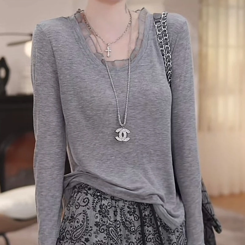 蕾丝拼接长袖打底衫修身显瘦内搭T恤上衣女2025夏季新款防晒衫潮