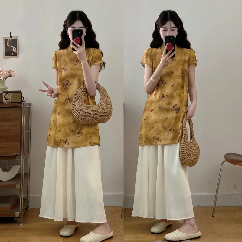 大码胖mm女装夏装中国风旗袍上衣+半身裙两件套装女