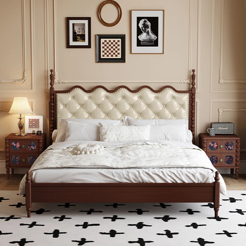 LDAD法式奢华复古实木床真皮软包床1米8双人主卧大床美式橡木中古