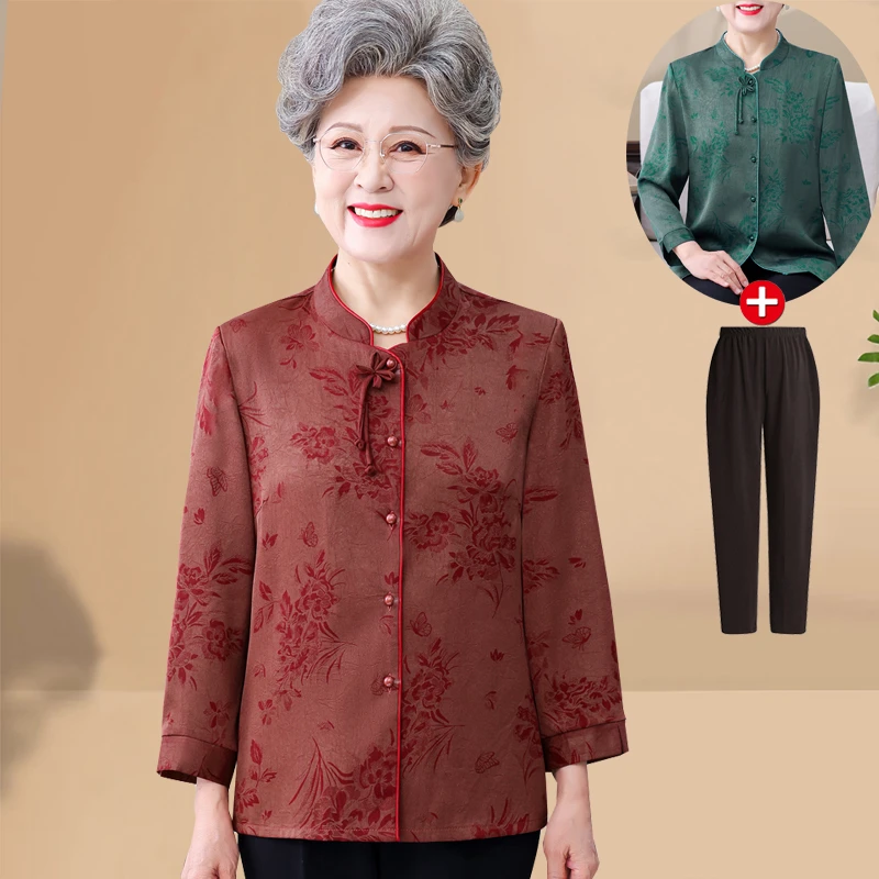 奶奶夏装中式国风婆婆七分袖衬衫女老太太春装薄款小衫老年人衣服
