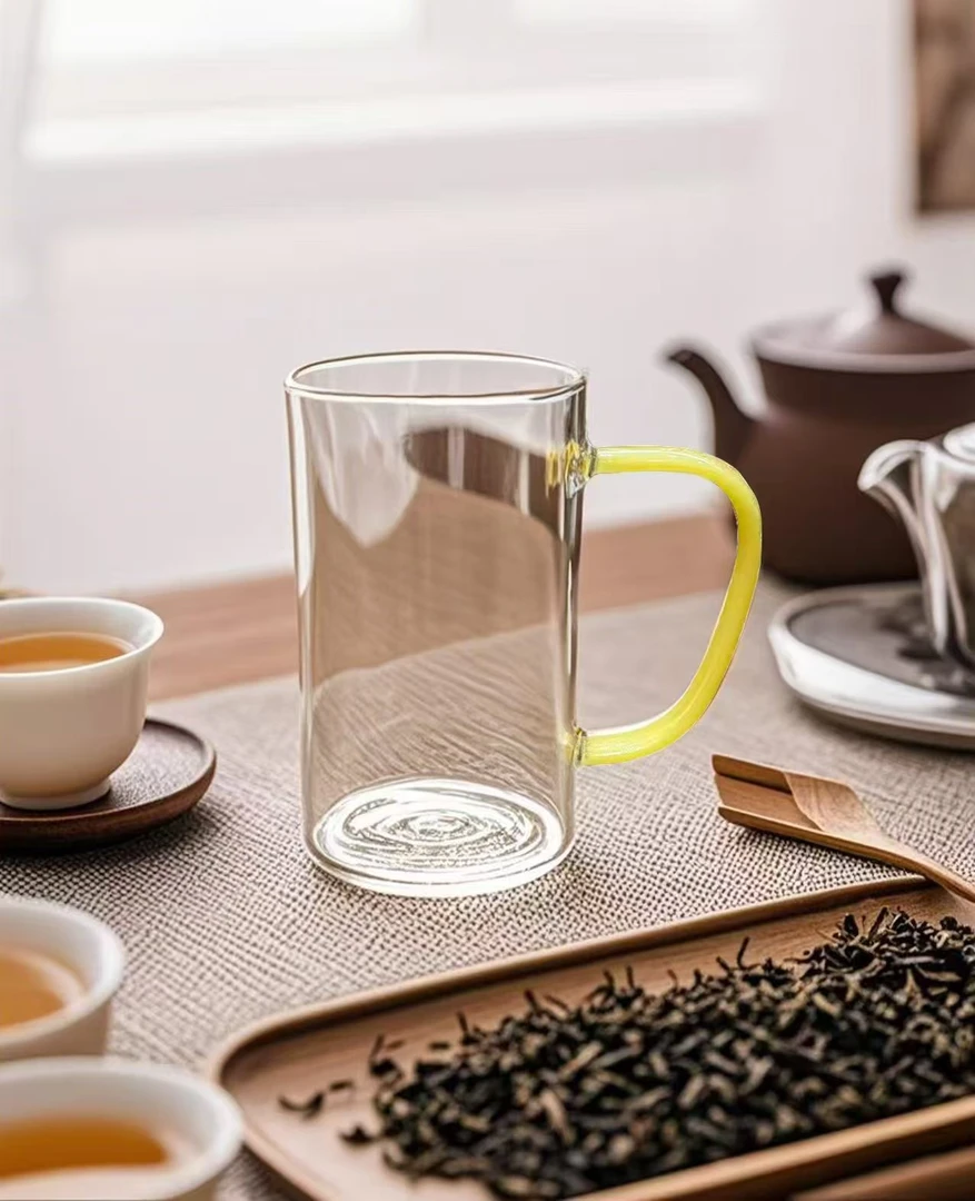 耐热绿茶杯黄玉色把手