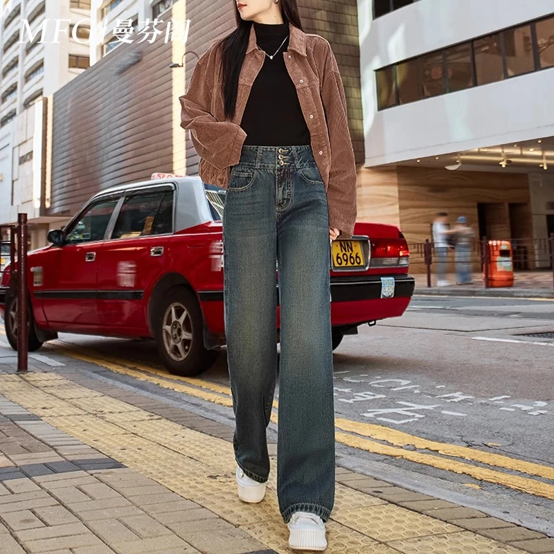 美式莫奈灰高腰牛仔阔腿裤女2025新款潮流百搭梨形显瘦直筒拖地裤