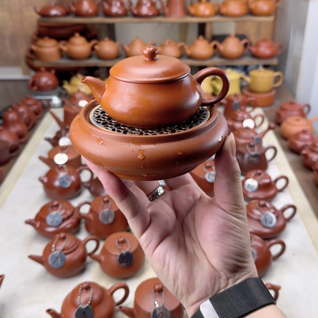 紫砂茶壶朱泥大口明炉加小号镂空胡承