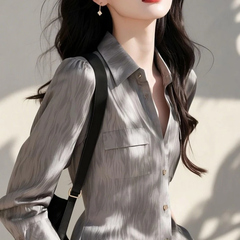 7769#高端洋气独特别致上衣女春季新款法式减龄轻奢小众灰色衬衫